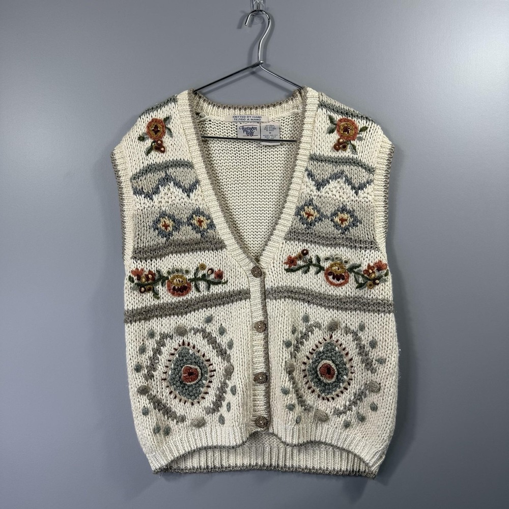 Vintage Granny Core Huntington Ridge Sweater Vest Womens Medium White Hand Knit